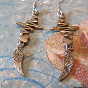 Angel Wing Heart Beat Charm Long Dangle Silvertone Fish Hook Earrings